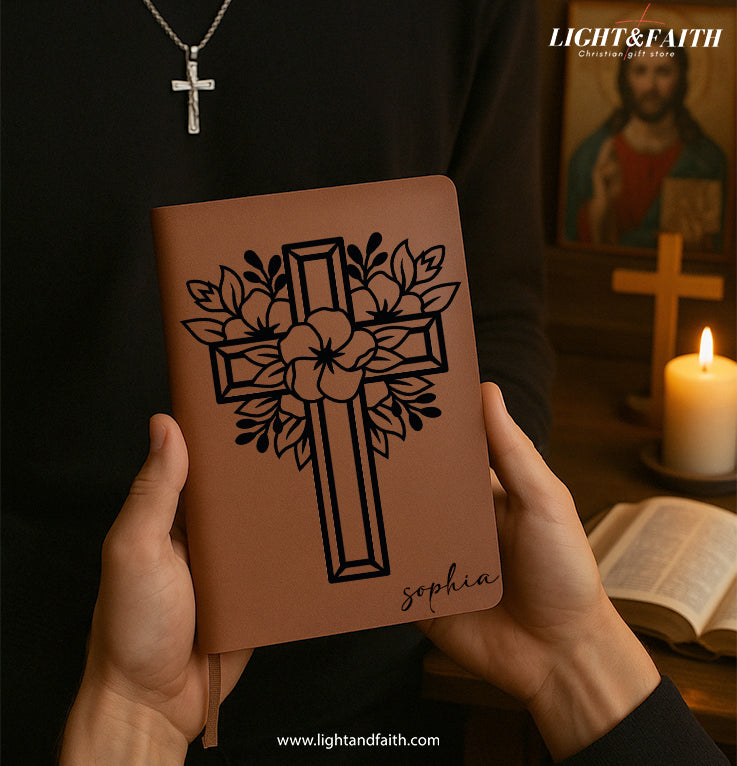 Personalized Christian Journal with Floral Cross Design, Custom Name Prayer & Faith Notebook, Religious Gift, First Communion Gifts, Birthday. NBLAF35